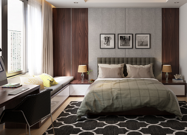 phòng ngủ master màu thiết kế căn hộ chung cư hiện đại
