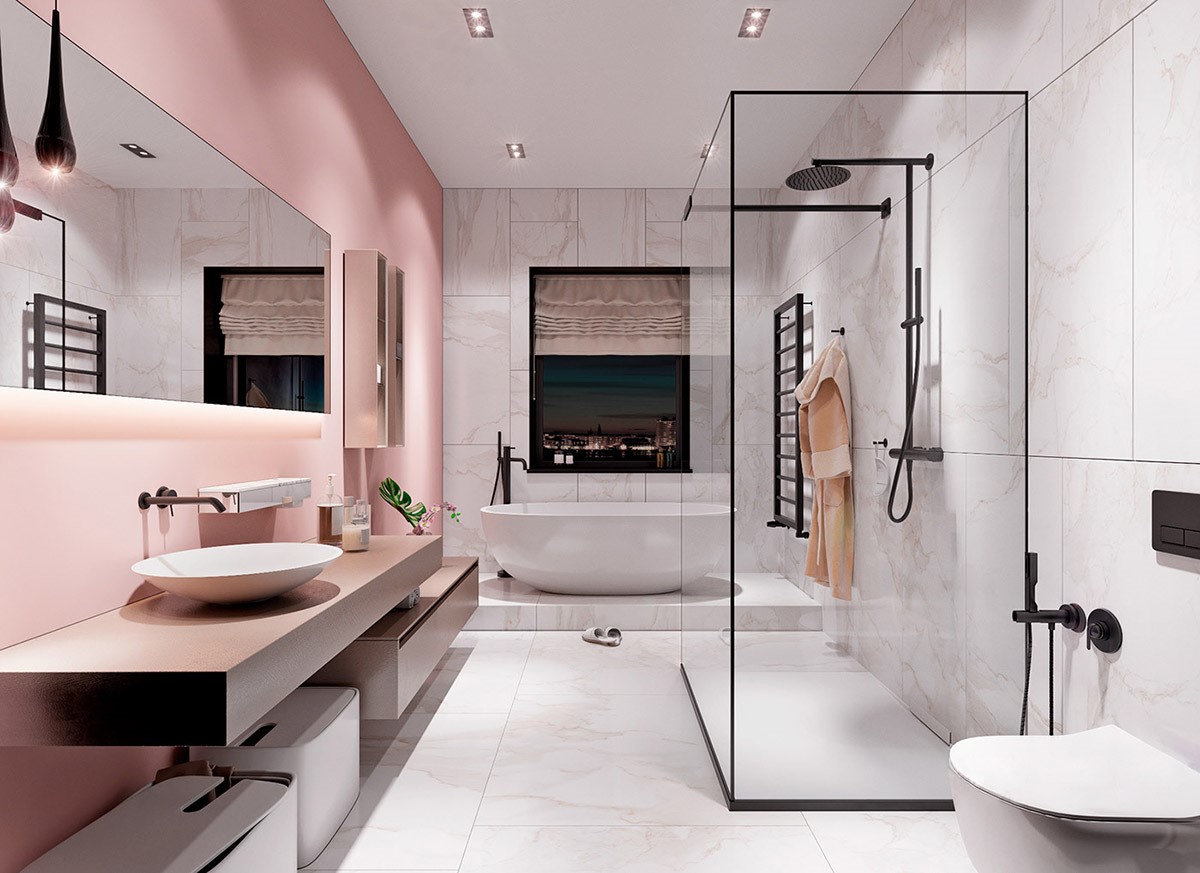trang trí nội thất phòng tắm màu hồng quyến rũ